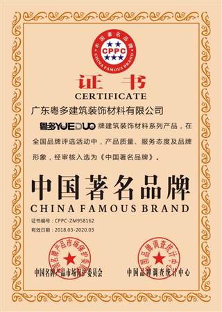 中國著名品牌證書
